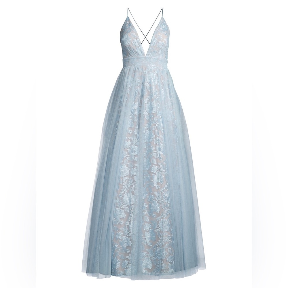 AIDAN MATTOX Plunging Floral Embroidered Mesh Covered Ball Gown